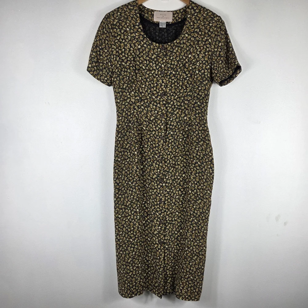 Pat Argenti Vintage 90s Ditsy Floral Ribbed Button Up Midi Sheath Dress